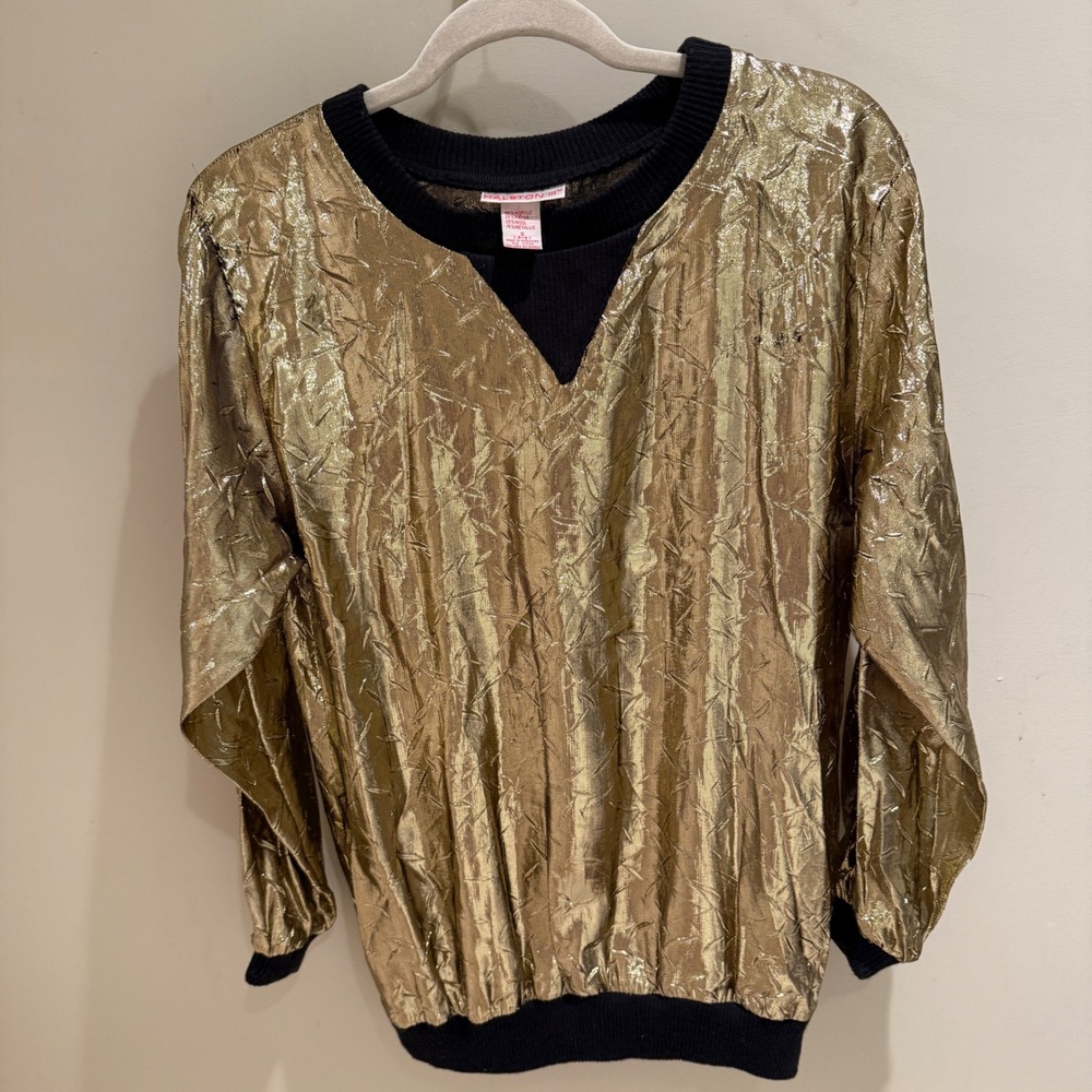 Halston III Vintage 80s Gold Metallic Crinkle Knit Trim Pullover Top Small 4-6
